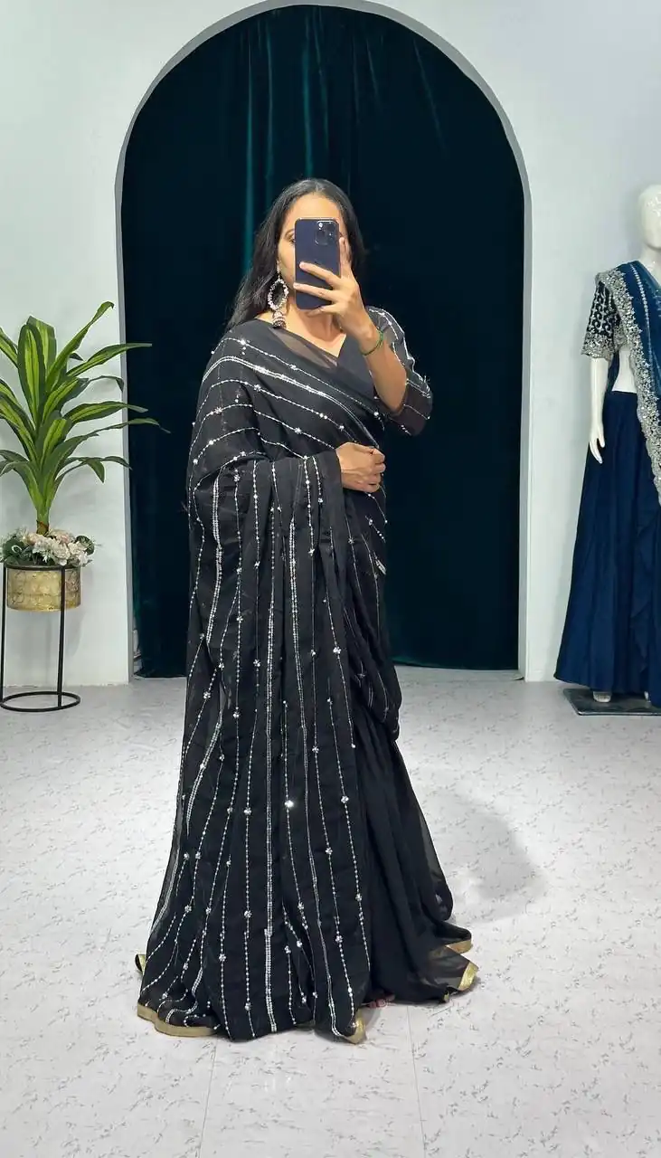 ST 1035 Black Color Georgette Embroidery Moti Work Lehenga Saree Casual, Wedding, Party, Festive, Events Etc. Expected Delivery 4-6 Working Days @2049/- | Lehenga, Bollywood Lehenga, Creative Lehenga, Designer Lehenga, Embroidered Lehenga, Party Wear Lehenga