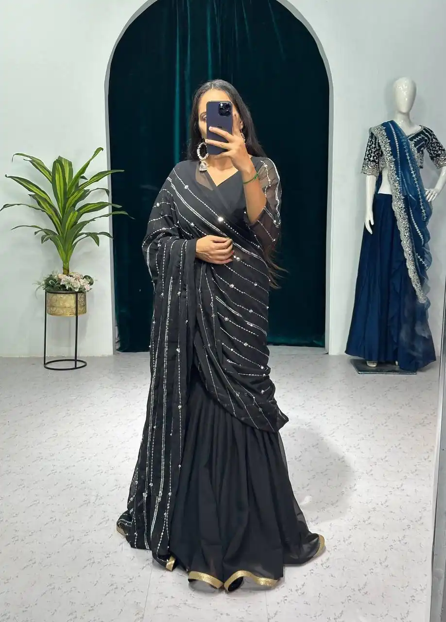 ST 1035 Black Color Georgette Embroidery Moti Work Lehenga Saree Casual, Wedding, Party, Festive, Events Etc. Expected Delivery 4-6 Working Days @2049/- | Lehenga, Bollywood Lehenga, Creative Lehenga, Designer Lehenga, Embroidered Lehenga, Party Wear Lehenga