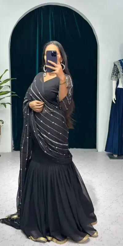 ST 1035 Black Color Georgette Embroidery Moti Work Lehenga Saree Casual, Wedding, Party, Festive, Events Etc. Expected Delivery 4-6 Working Days @2049/- | Lehenga, Bollywood Lehenga, Creative Lehenga, Designer Lehenga, Embroidered Lehenga, Party Wear Lehenga