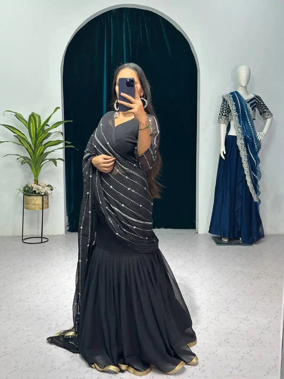 ST 1035 Black Color Georgette Embroidery Moti Work Lehenga Saree Casual, Wedding, Party, Festive, Events Etc. Expected Delivery 4-6 Working Days @2049/- | Lehenga, Bollywood Lehenga, Creative Lehenga, Designer Lehenga, Embroidered Lehenga, Party Wear Lehenga
