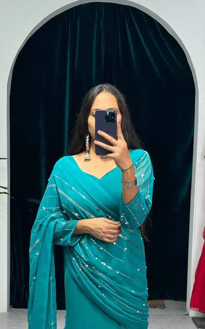 ST 1035 Blue Color Georgette Embroidery Moti Work Lehenga Saree Casual, Wedding, Party, Festive, Events Etc. Expected Delivery 4-6 Working Days @2049/- | Lehenga, Bollywood Lehenga, Creative Lehenga, Designer Lehenga, Embroidered Lehenga, Party Wear Lehenga