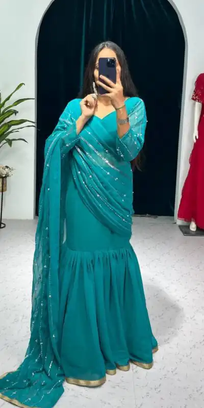 ST 1035 Blue Color Georgette Embroidery Moti Work Lehenga Saree Casual, Wedding, Party, Festive, Events Etc. Expected Delivery 4-6 Working Days @2049/- | Lehenga, Bollywood Lehenga, Creative Lehenga, Designer Lehenga, Embroidered Lehenga, Party Wear Lehenga