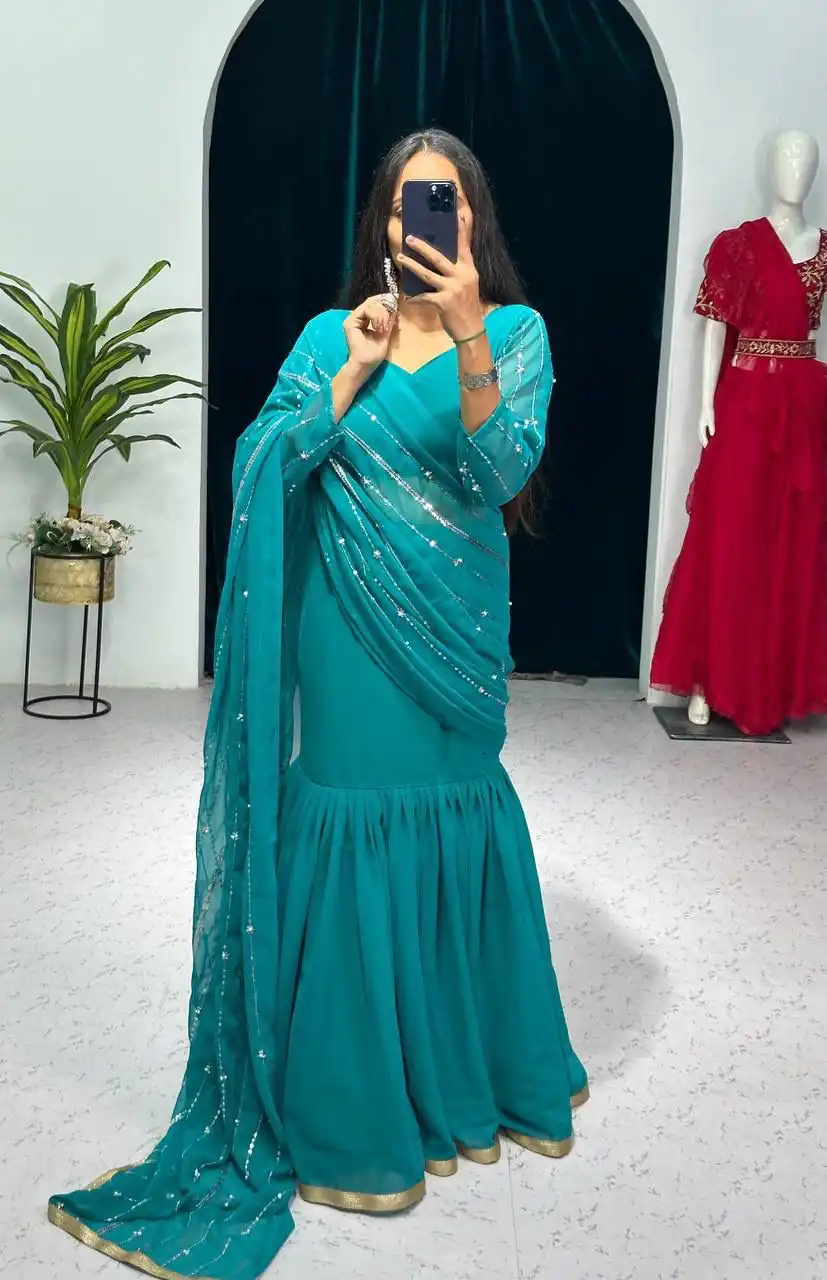 ST 1035 Blue Color Georgette Embroidery Moti Work Lehenga Saree Casual, Wedding, Party, Festive, Events Etc. Expected Delivery 4-6 Working Days @2049/- | Lehenga, Bollywood Lehenga, Creative Lehenga, Designer Lehenga, Embroidered Lehenga, Party Wear Lehenga