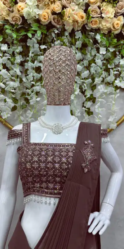 KD 446 Coffee Color Faux Georgette Ruffle Patch Work Saree Casual, Party, Wedding, Festive, Events Etc.  Expected Delivery  4-6 Working Days @1899/- Only | Sarees, Bollywood Sarees, Creative Sarees, Designer Sarees, Embroidered Sarees, Ethnic Saree, Modern Digital sarees, Party Wear Sarees