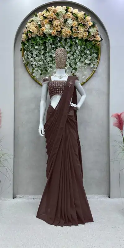 KD 446 Coffee Color Faux Georgette Ruffle Patch Work Saree Casual, Party, Wedding, Festive, Events Etc.  Expected Delivery  4-6 Working Days @1899/- Only | Sarees, Bollywood Sarees, Creative Sarees, Designer Sarees, Embroidered Sarees, Ethnic Saree, Modern Digital sarees, Party Wear Sarees