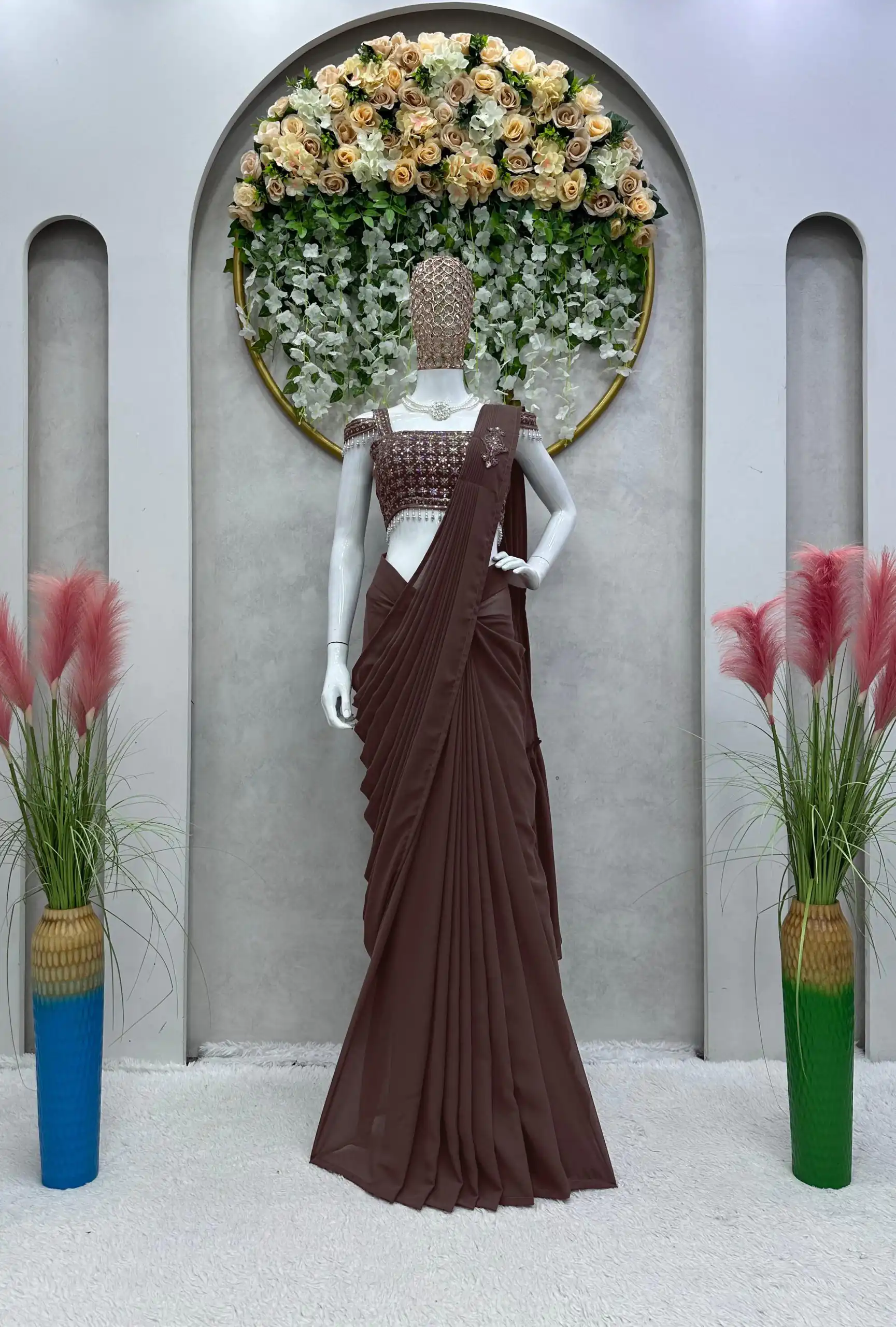 KD 446 Coffee Color Faux Georgette Ruffle Patch Work Saree Casual, Party, Wedding, Festive, Events Etc.  Expected Delivery  4-6 Working Days @1899/- Only | Sarees, Bollywood Sarees, Creative Sarees, Designer Sarees, Embroidered Sarees, Ethnic Saree, Modern Digital sarees, Party Wear Sarees