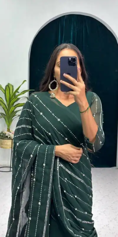 ST 1035 Green Color Georgette Embroidery Moti Work Lehenga Saree Casual, Wedding, Party, Festive, Events Etc. Expected Delivery 4-6 Working Days @2049/- | Lehenga, Bollywood Lehenga, Creative Lehenga, Designer Lehenga, Embroidered Lehenga, Party Wear Lehenga