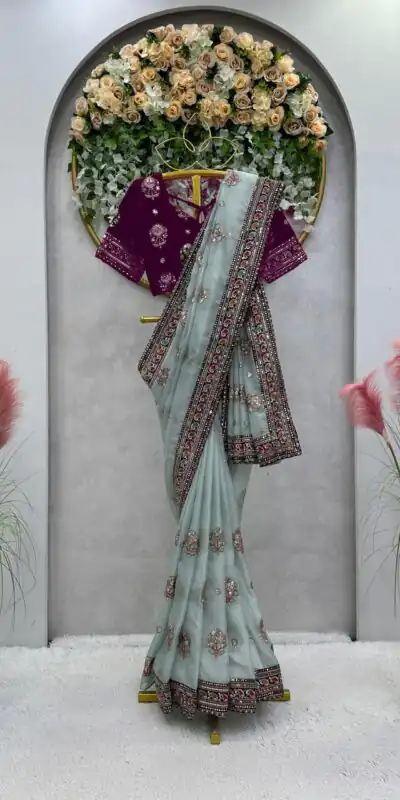 KD 460 Light Blue Organza Thread & Sequence Work Saree Casual, Party, Wedding, Festive, Events Etc. Expected Delivery 4-6 Working Days @1999/- | Sarees, Bollywood Sarees, Creative Sarees, Designer Sarees, Embroidered Sarees, Modern Digital sarees, Party Wear Sarees