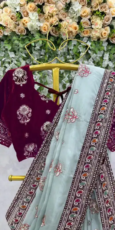 KD 460 Light Blue Organza Thread & Sequence Work Saree Casual, Party, Wedding, Festive, Events Etc.  Expected Delivery 4-6 Working Days @1999/- | Sarees, Bollywood Sarees, Creative Sarees, Designer Sarees, Embroidered Sarees, Modern Digital sarees, Party Wear Sarees