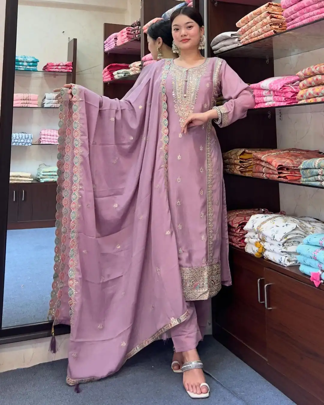 SRK 5148 Light Purple Color Pure Chinnon Silk Embroidery Sequence Salwar Suit Wedding, Party, Festive, Events Expected Delivery 4-6 Working Days @ 1950/- | Jump Suits, Salwar suit, Designer Suits, Casual Suits, Creative suits, Palazzo Suits, Party Wear Suits, Patiala Suits, Straight Suits