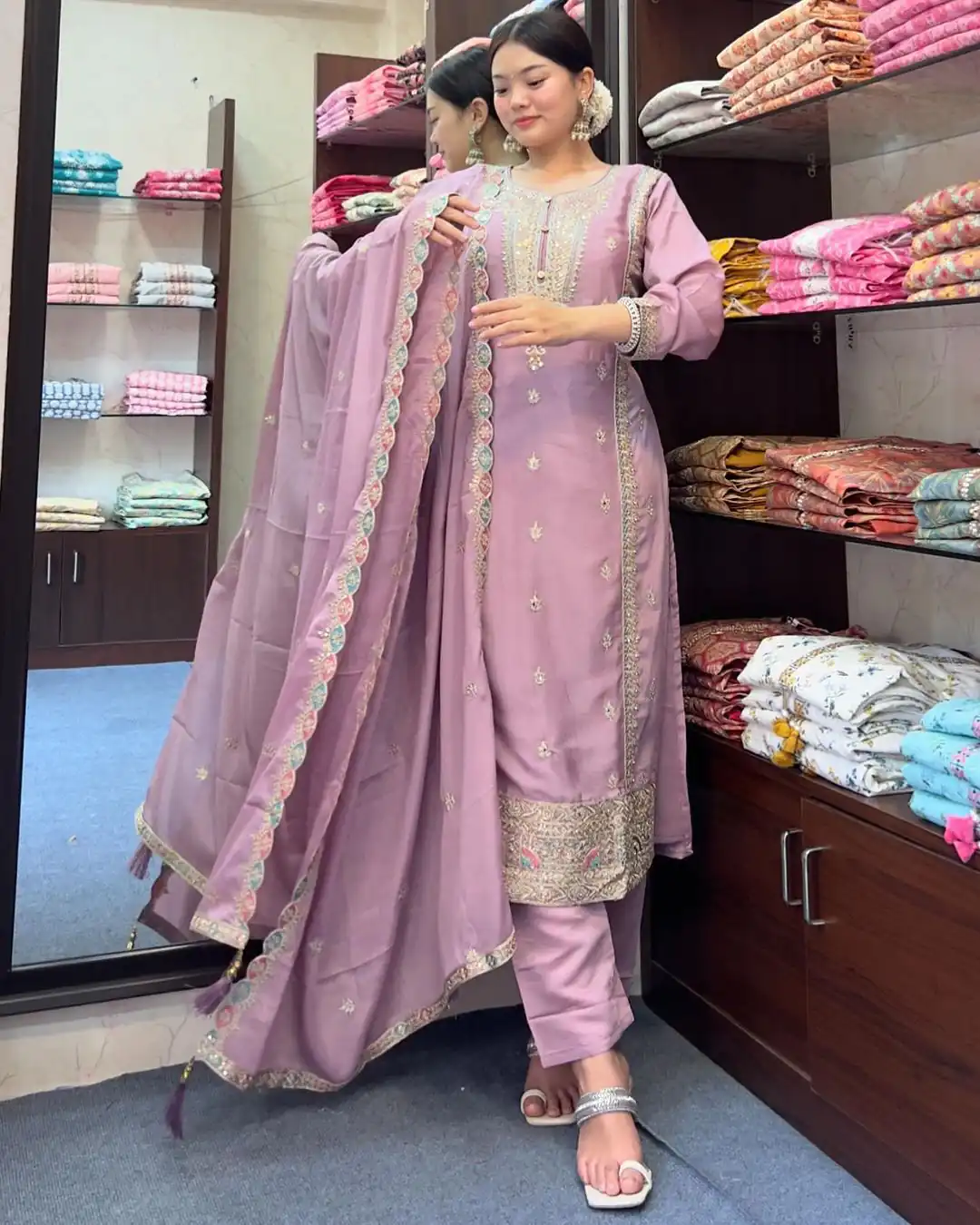 SRK 5148 Light Purple Color Pure Chinnon Silk Embroidery Sequence Salwar Suit Wedding, Party, Festive, Events Expected Delivery 4-6 Working Days @ 1950/- | Jump Suits, Salwar suit, Designer Suits, Casual Suits, Creative suits, Palazzo Suits, Party Wear Suits, Patiala Suits, Straight Suits