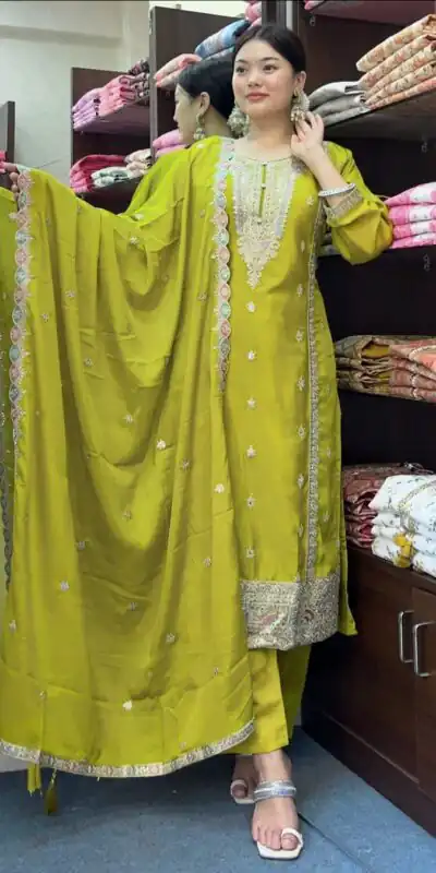 SRK 5148 Mehndi Green Color Pure Chinnon Silk Embroidery Sequence Salwar Suit Wedding, Party, Festive, Events Expected Delivery 4-6 Working Days @ 1950/- | Jump Suits, Salwar suit, Designer Suits, Casual Suits, Creative suits, Palazzo Suits, Party Wear Suits, Patiala Suits, Straight Suits