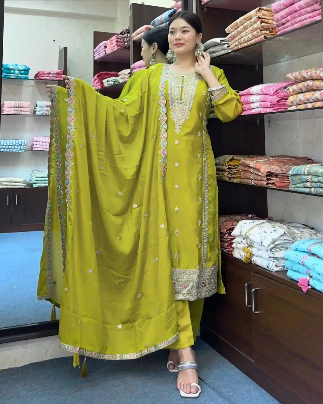 SRK 5148 Mehndi Green Color Pure Chinnon Silk Embroidery Sequence Salwar Suit Wedding, Party, Festive, Events Expected Delivery 4-6 Working Days @ 1950/- | Jump Suits, Salwar suit, Designer Suits, Casual Suits, Creative suits, Palazzo Suits, Party Wear Suits, Patiala Suits, Straight Suits