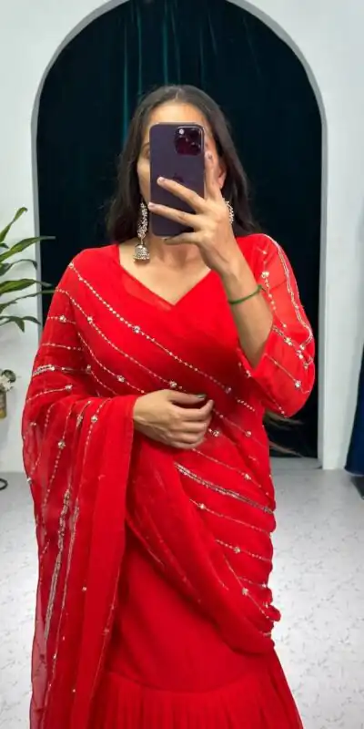 ST 1035 Red Color Georgette Embroidery Moti Work Lehenga Saree Casual, Wedding, Party, Festive, Events Etc. Expected Delivery 4-6 Working Days @2049/- | Lehenga, Bollywood Lehenga, Creative Lehenga, Designer Lehenga, Embroidered Lehenga, Party Wear Lehenga