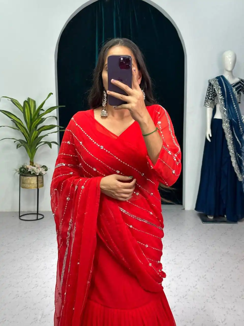 ST 1035 Red Color Georgette Embroidery Moti Work Lehenga Saree Casual, Wedding, Party, Festive, Events Etc. Expected Delivery 4-6 Working Days @2049/- | Lehenga, Bollywood Lehenga, Creative Lehenga, Designer Lehenga, Embroidered Lehenga, Party Wear Lehenga