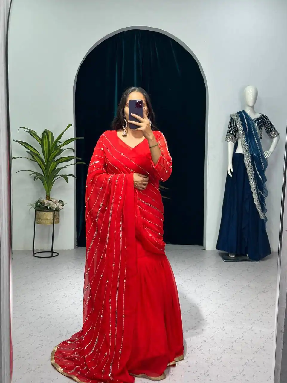 ST 1035 Red Color Georgette Embroidery Moti Work Lehenga Saree Casual, Wedding, Party, Festive, Events Etc. Expected Delivery 4-6 Working Days @2049/- | Lehenga, Bollywood Lehenga, Creative Lehenga, Designer Lehenga, Embroidered Lehenga, Party Wear Lehenga