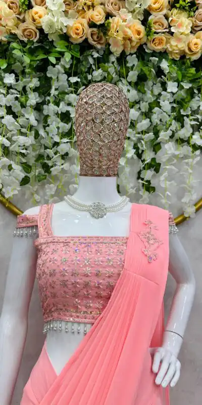 KD 446 Salmon Pink  Color Faux Georgette Ruffle Patch Work Saree Casual, Party, Wedding, Festive, Events Etc.  Expected Delivery  4-6 Working Days @1899/- Only | Sarees, Bollywood Sarees, Creative Sarees, Designer Sarees, Embroidered Sarees, Ethnic Saree, Modern Digital sarees, Party Wear Sarees