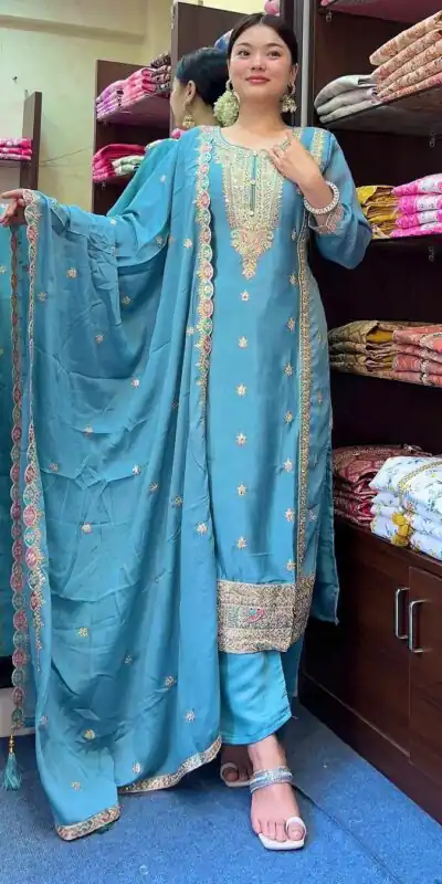 SRK-5148 Sky Blue Color Pure Chinnon Silk Embroidery Sequence Salwar Suit Wedding, Party, Festive, Events Expected Delivery 4-6 Working Days @ 1950/- | Jump Suits, Salwar suit, Designer Suits, Casual Suits, Creative suits, Palazzo Suits, Party Wear Suits, Patiala Suits, Straight Suits