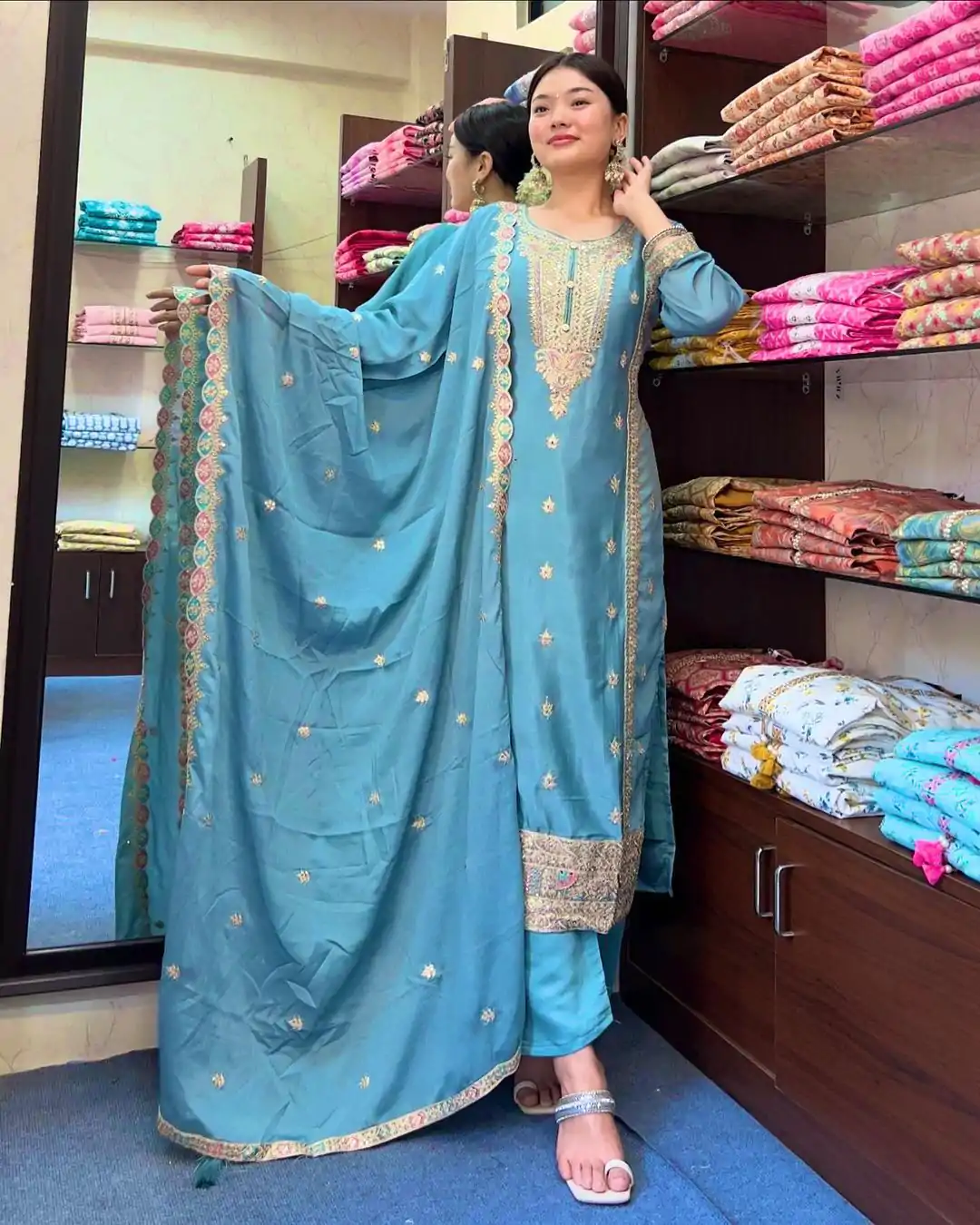 SRK-5148 Sky Blue Color Pure Chinnon Silk Embroidery Sequence Salwar Suit Wedding, Party, Festive, Events Expected Delivery 4-6 Working Days @ 1950/- | Jump Suits, Salwar suit, Designer Suits, Casual Suits, Creative suits, Palazzo Suits, Party Wear Suits, Patiala Suits, Straight Suits