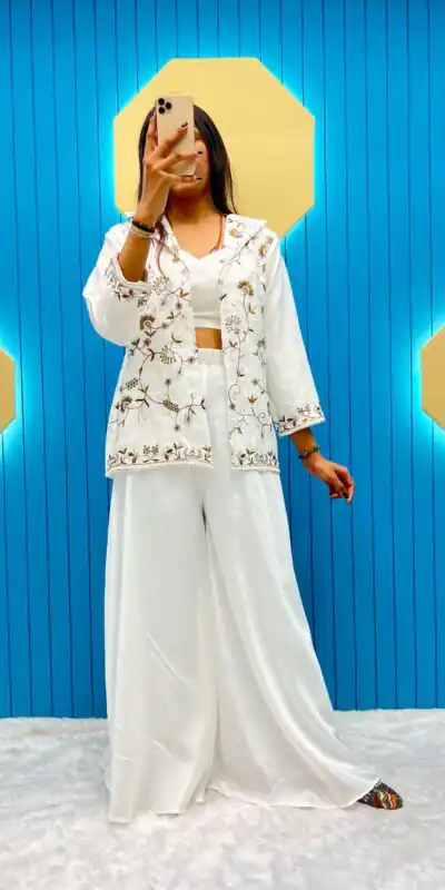 LG 1798 White Color Fiona Silk Koti / Blazer Sequence Embroidery Salwar Suit Casual, Wedding, Festive, Events Expected Delivery 4-6 Working Days @1949/- | Jump Suits, Salwar suit, Designer Suits, Casual Suits, Creative suits, Palazzo Suits, Party Wear Suits, Patiala Suits, Straight Suits