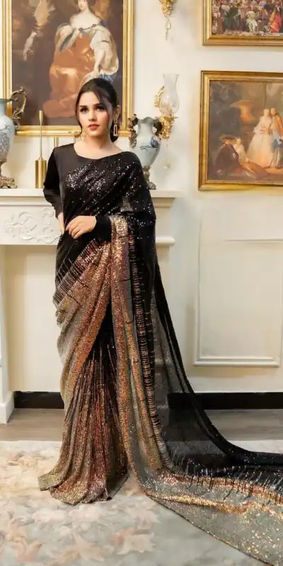 DF 3407 Black  Heavy Dual Sequins Embroidery Work Saree Casual, Party Wear, Wedding, Events, Festivals Wear Etc. Expected Delivery 4-6 Working Days 1750/- | Sarees, Bollywood Sarees, Creative Sarees, Designer Sarees, Embroidered Sarees, Ethnic Saree, Modern Digital sarees, Party Wear Sarees