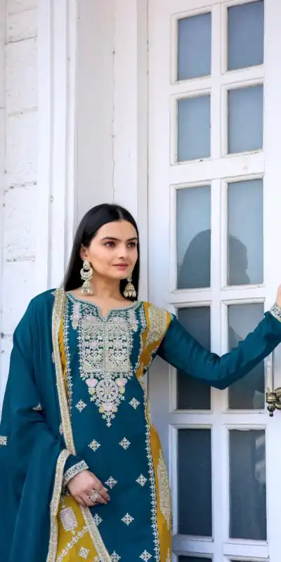 AD153 Blue Color Chinon Silk Embroidery Sequence Sharara Suit Fancy Full Sleeve Wedding, Party, Festive, Events . Expected Delivery  4-6 Working Days @2199 | Jump Suits, Salwar suit, Designer Suits, Casual Suits, Creative suits, Palazzo Suits, Party Wear Suits, Patiala Suits, Straight Suits