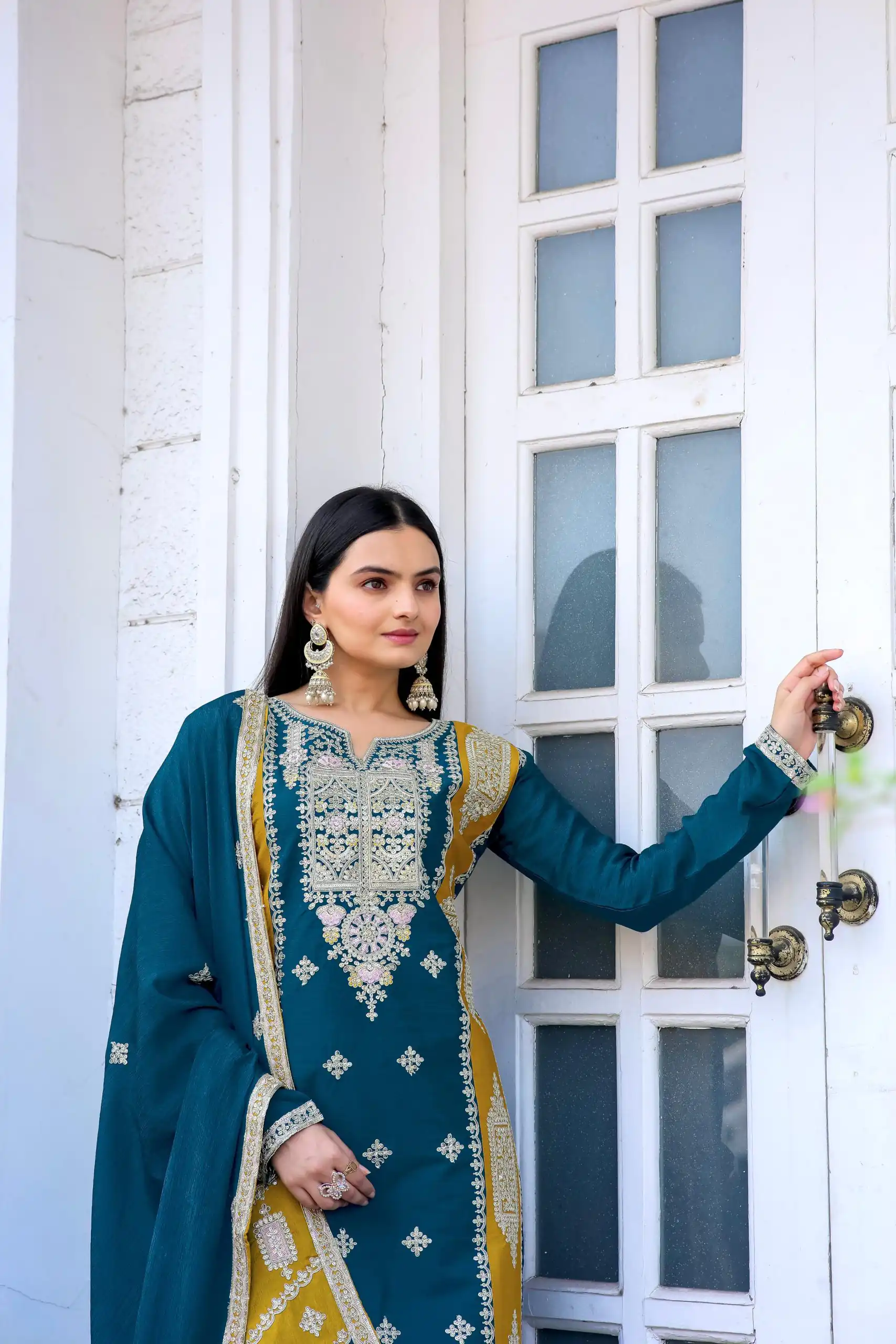 AD153 Blue Color Chinon Silk Embroidery Sequence Sharara Suit Fancy Full Sleeve Wedding, Party, Festive, Events . Expected Delivery  4-6 Working Days @2199 | Jump Suits, Salwar suit, Designer Suits, Casual Suits, Creative suits, Palazzo Suits, Party Wear Suits, Patiala Suits, Straight Suits