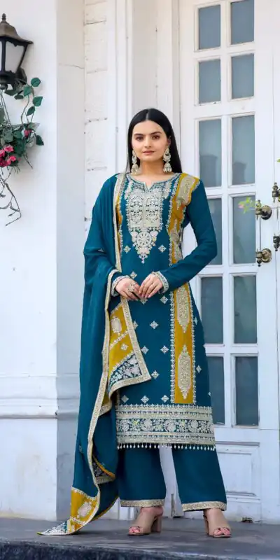AD153 Blue Color Chinon Silk Embroidery Sequence Sharara Suit Fancy Full Sleeve Wedding, Party, Festive, Events . Expected Delivery  4-6 Working Days @2199 | Jump Suits, Salwar suit, Designer Suits, Casual Suits, Creative suits, Palazzo Suits, Party Wear Suits, Patiala Suits, Straight Suits