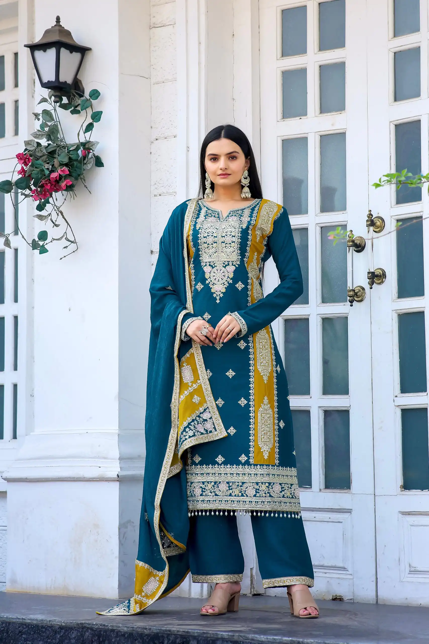 AD153 Blue Color Chinon Silk Embroidery Sequence Sharara Suit Fancy Full Sleeve Wedding, Party, Festive, Events . Expected Delivery  4-6 Working Days @2199 | Jump Suits, Salwar suit, Designer Suits, Casual Suits, Creative suits, Palazzo Suits, Party Wear Suits, Patiala Suits, Straight Suits
