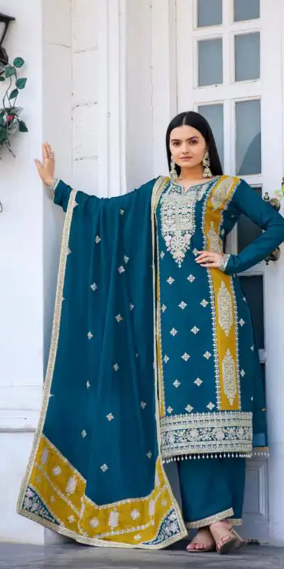 AD153 Blue Color Chinon Silk Embroidery Sequence Sharara Suit Fancy Full Sleeve Wedding, Party, Festive, Events . Expected Delivery 4-6 Working Days @2199 | Jump Suits, Salwar suit, Designer Suits, Casual Suits, Creative suits, Palazzo Suits, Party Wear Suits, Patiala Suits, Straight Suits