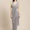 Perfect Grey Color Heavy Georgette Double Run Embroidery Saree