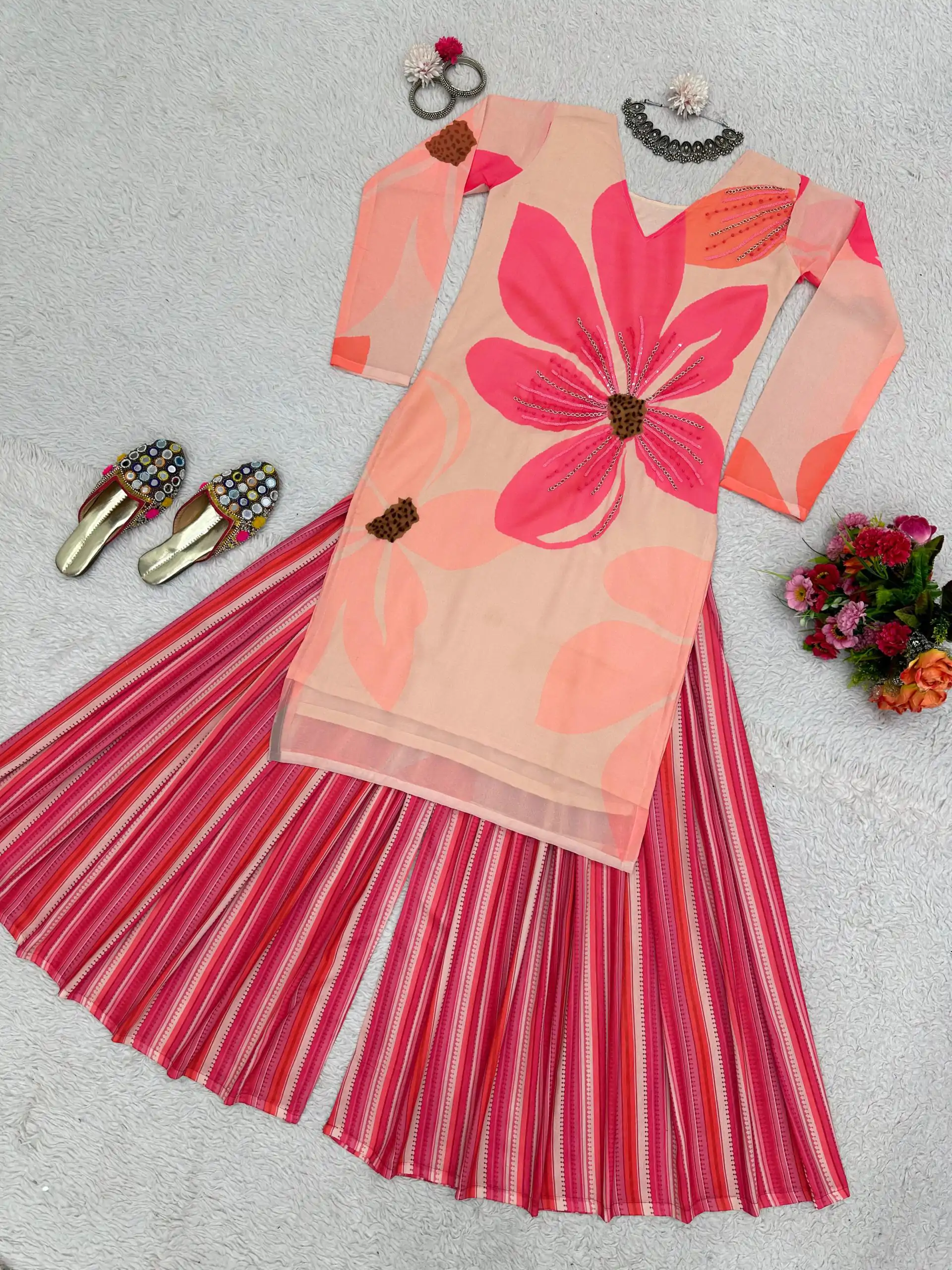 RTC 5687 Pink Color Georgette Digital Print Handwork Salwar Suit Casual, Wedding, Festive, Events Etc. Expected Delivery 4-6 Working Days @1949/- | Jump Suits, Salwar suit, Designer Suits, Casual Suits, Creative suits, Palazzo Suits, Party Wear Suits, Patiala Suits, Straight Suits