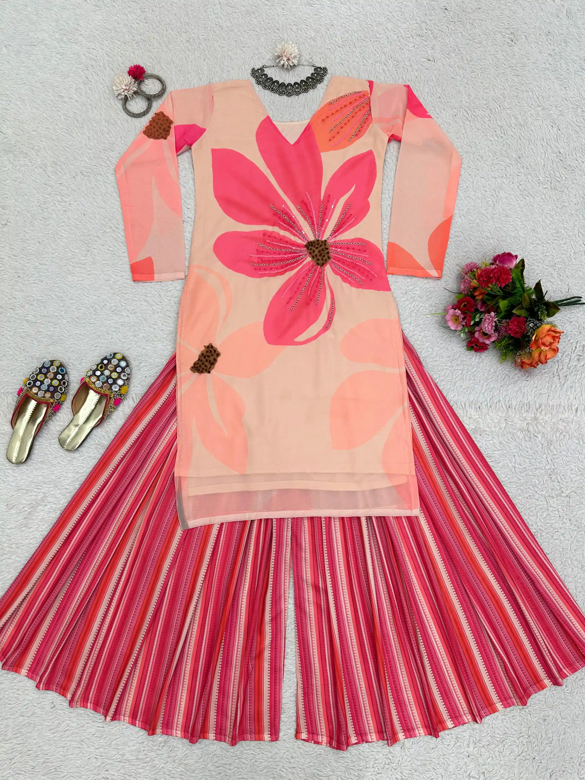 RTC 5687 Pink Color Georgette Digital Print Handwork Salwar Suit Casual, Wedding, Festive, Events Etc. Expected Delivery 4-6 Working Days @1949/- | Jump Suits, Salwar suit, Designer Suits, Casual Suits, Creative suits, Palazzo Suits, Party Wear Suits, Patiala Suits, Straight Suits