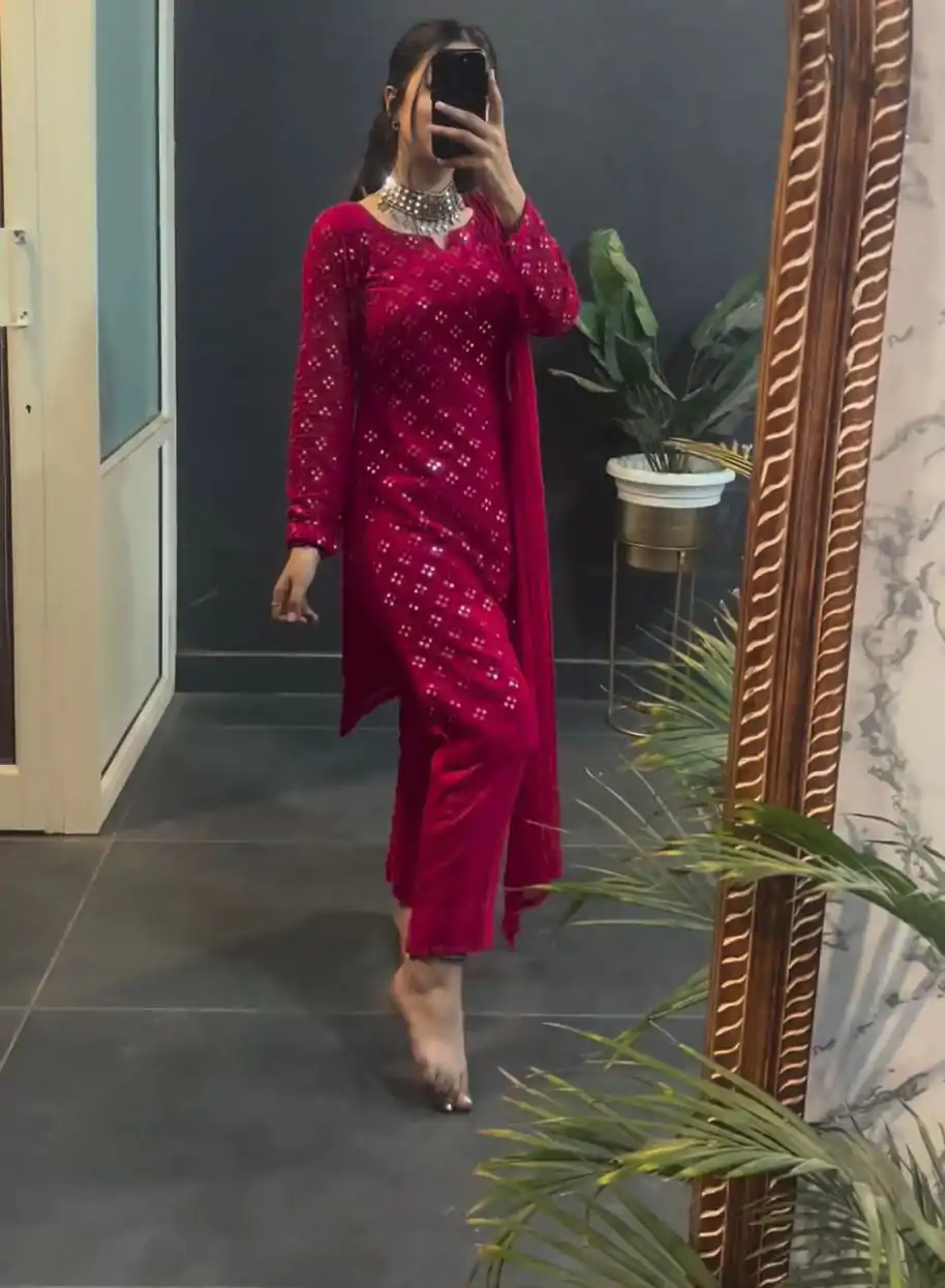 KD 1416 Pink Faux Georgette Sequence Thread work Salwar Suit Work : Embroidery With Sequence Thread Work Party, Wedding, Festive @1999/- Only | Salwar suit, Designer Suits, Casual Suits, Creative suits, Palazzo Suits, Party Wear Suits, Straight Suits