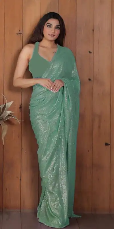 DF Sequins Rani Pista Green Georgette Double Run Embroidery Saree Casual, Party Wear, Events, Festivals Wear Expected Delivery 4-6 Working Days 1750 /- | Sarees, Bollywood Sarees, Creative Sarees, Designer Sarees, Embroidered Sarees, Ethnic Saree, Modern Digital sarees, Party Wear Sarees