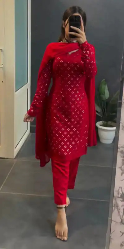 KD 1416 Red Faux Georgette Sequence Thread work Salwar Suit Work : Embroidery With Sequence Thread Work Party, Wedding, Festive @1999/- Only | Salwar suit, Designer Suits, Casual Suits, Creative suits, Palazzo Suits, Party Wear Suits, Straight Suits