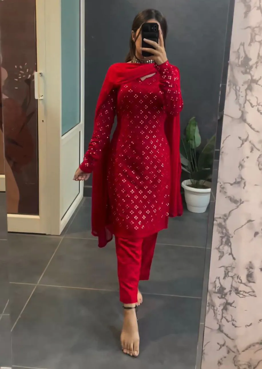 KD 1416 Red Faux Georgette Sequence Thread work Salwar Suit Work : Embroidery With Sequence Thread Work Party, Wedding, Festive @1999/- Only | Salwar suit, Designer Suits, Casual Suits, Creative suits, Palazzo Suits, Party Wear Suits, Straight Suits