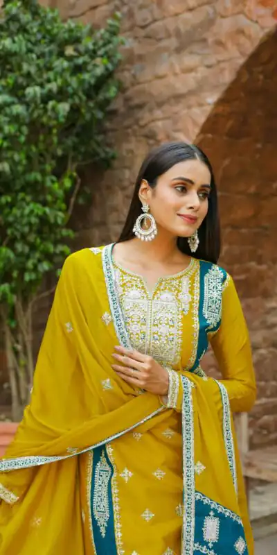 AD153 Yellow Color Chinon Silk Embroidery Sequence Sharara Suit Fancy Full Sleeve Wedding, Party, Festive, Events . Expected Delivery 4-6 Working Days @2199 | Jump Suits, Salwar suit, Designer Suits, Casual Suits, Creative suits, Palazzo Suits, Party Wear Suits, Patiala Suits, Straight Suits