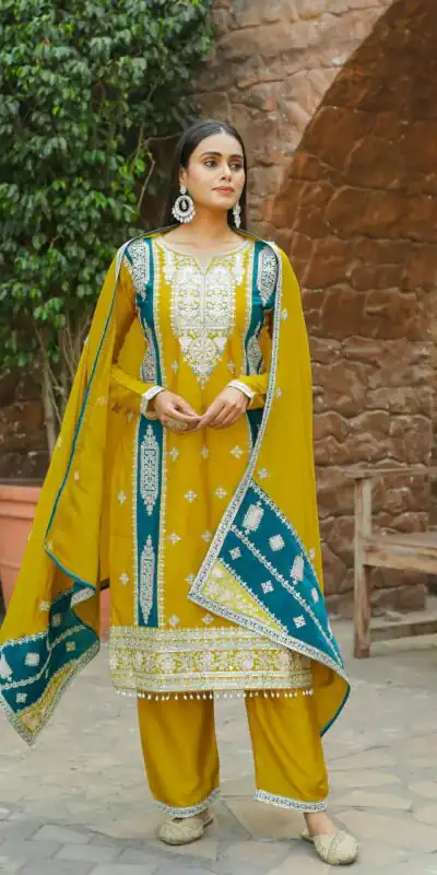 AD153 Yellow Color Chinon Silk Embroidery Sequence Sharara Suit Fancy Full Sleeve Wedding, Party, Festive, Events . Expected Delivery  4-6 Working Days @2199 | Jump Suits, Salwar suit, Designer Suits, Casual Suits, Creative suits, Palazzo Suits, Party Wear Suits, Patiala Suits, Straight Suits