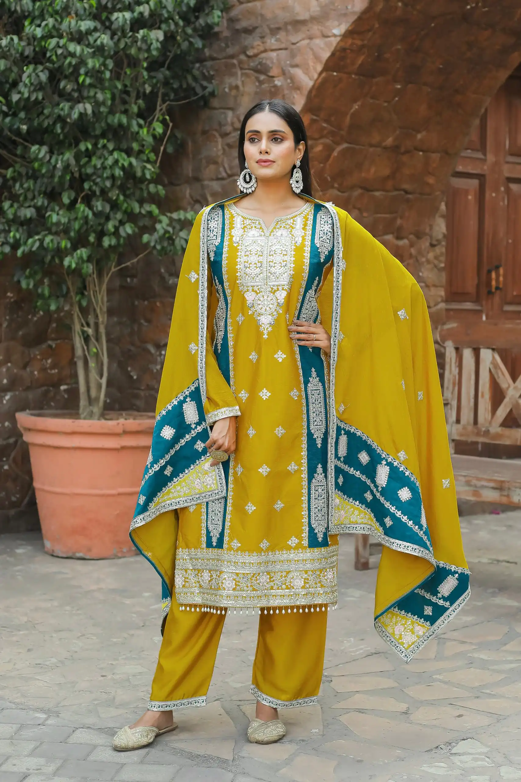 AD153 Yellow Color Chinon Silk Embroidery Sequence Sharara Suit Fancy Full Sleeve Wedding, Party, Festive, Events . Expected Delivery 4-6 Working Days @2199 | Jump Suits, Salwar suit, Designer Suits, Casual Suits, Creative suits, Palazzo Suits, Party Wear Suits, Patiala Suits, Straight Suits