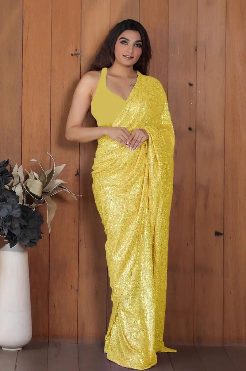 DF Sequins Rani Yellow Georgette Double Run Embroidery Saree Casual, Party Wear, Events, Festivals Wear Expected Delivery 4-6 Working Days 1750 /- | Sarees, Bollywood Sarees, Creative Sarees, Designer Sarees, Embroidered Sarees, Ethnic Saree, Modern Digital sarees, Party Wear Sarees