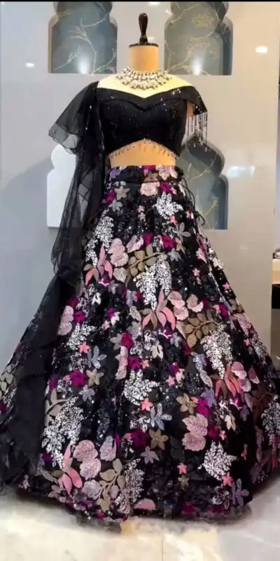 BD 1594 Black Color Georgette Double Sequins Embroider Lehenga Choli Casual, Wedding, Festive, Events Expected Delivery 4-6 Working Days @2999/- | Lehenga, Bollywood Lehenga, Creative Lehenga, Designer Lehenga, Embroidered Lehenga, Party Wear Lehenga