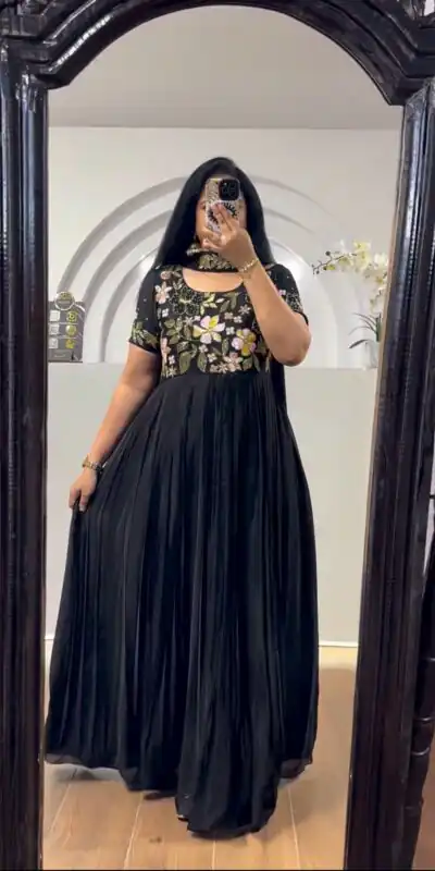 MF 499 Black  Color Faux Georgette Multi-Thread Embroidered Work Anarkali Suit Wedding, Party, Festive, Events Etc. Expected 4-6 Working Days @1599/- | Anarkali Suits, Bollywood Anarkali, Creative-Anarkali, Designer Anarkali, Embroidered Anarkali, Party Wear Anarkali