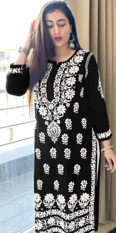 MJF 1023 Black Color Heavy Rayon Cotton Style Embroidery Work Kurti Wedding, Party, Festive, Events Etc.   Expected Delivery 4-6 Working Days @1499/- | Kurti, Bollywood Kurti, Creative Kurtis, Designer Kurti, Party Wear Kurti, Selfie Kurti