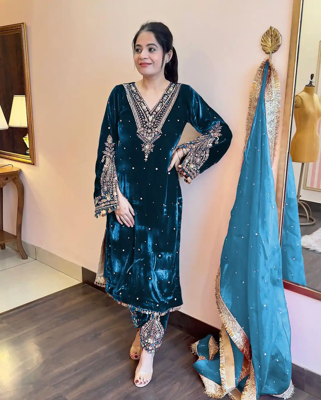 AD 134 Blue Color Heavy Pure Viscose Velvet Embroidery Sharara Suit Wedding, Party, Festive, Events Etc. Expected Delivery  4-6 Working Days @2099/- | Jump Suits, Salwar suit, Designer Suits, Casual Suits, Creative suits, Palazzo Suits, Party Wear Suits, Patiala Suits, Straight Suits