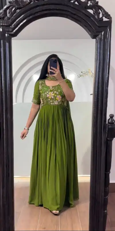 MF 499 Green Color Faux Georgette Multi-Thread Embroidered Work Anarkali Suit Wedding, Party, Festive, Events Etc. Expected 4-6 Working Days @1599/- | Anarkali Suits, Bollywood Anarkali, Creative-Anarkali, Designer Anarkali, Embroidered Anarkali, Party Wear Anarkali