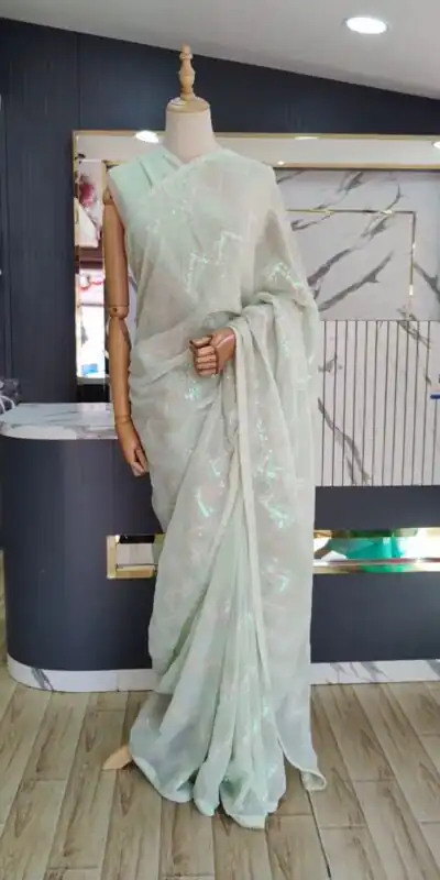 KD 401 Light Green Georgette Thread Sequence Lace Saree Casual, Party, Wedding, Festive, Events Etc.  Expected Delivery 4-6 Working Days @1799/- | Sarees, Bollywood Sarees, Creative Sarees, Designer Sarees, Embroidered Sarees, Modern Digital sarees, Party Wear Sarees