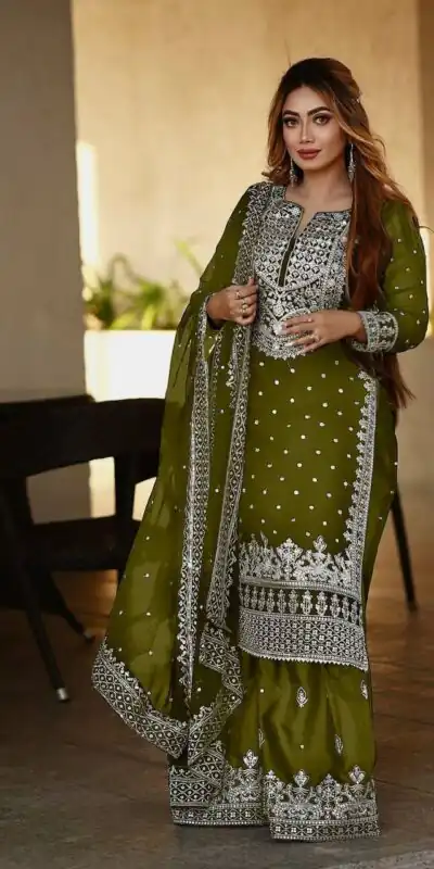 SSR 449 Mehndi Color Georgette Embroidery Sequence Salwar Suit Wedding, Party, Festive, Events Expected Delivery 4-6 Working Days @ 2049/- Only | Salwar suit, Designer Suits, Casual Suits, Creative suits, Party Wear Suits, Straight Suits