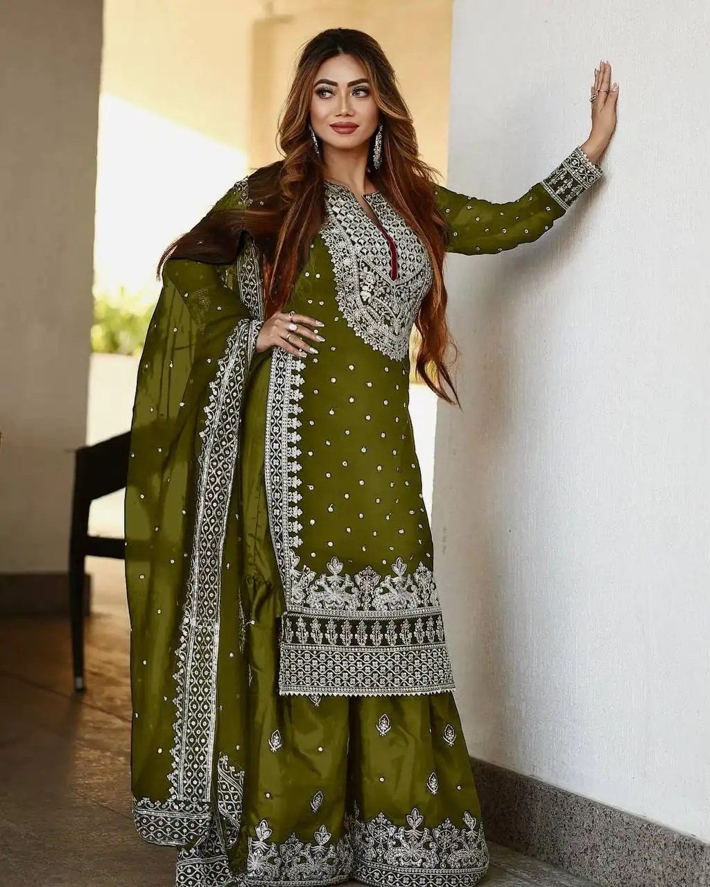 SSR 449 Mehndi Color Georgette Embroidery Sequence Salwar Suit Wedding, Party, Festive, Events Expected Delivery 4-6 Working Days @ 2049/- Only | Salwar suit, Designer Suits, Casual Suits, Creative suits, Party Wear Suits, Straight Suits