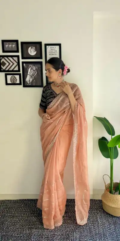 AC BROWNIE Peach Color Soft Organza Zari With Sequence Saree Blouse :Heavy Velvet   Casual, Wedding, Festive, Events Expected Delivery 4-6 Working Days @1999 | Sarees, Bollywood Sarees, Creative Sarees, Designer Sarees, Embroidered Sarees, Ethnic Saree, Modern Digital sarees, Party Wear Sarees